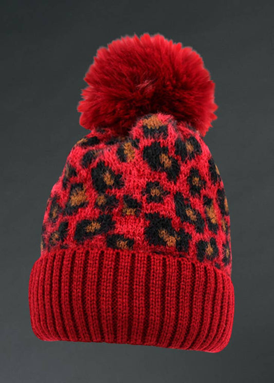 Red Leopard Pom Pom Kat Beanie Hat Winter Valentine's Day